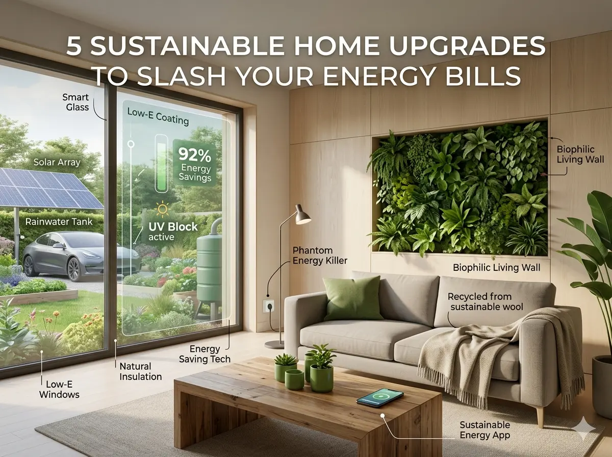 nfographic of 5 sustainable home upgrades to save energy in 2026